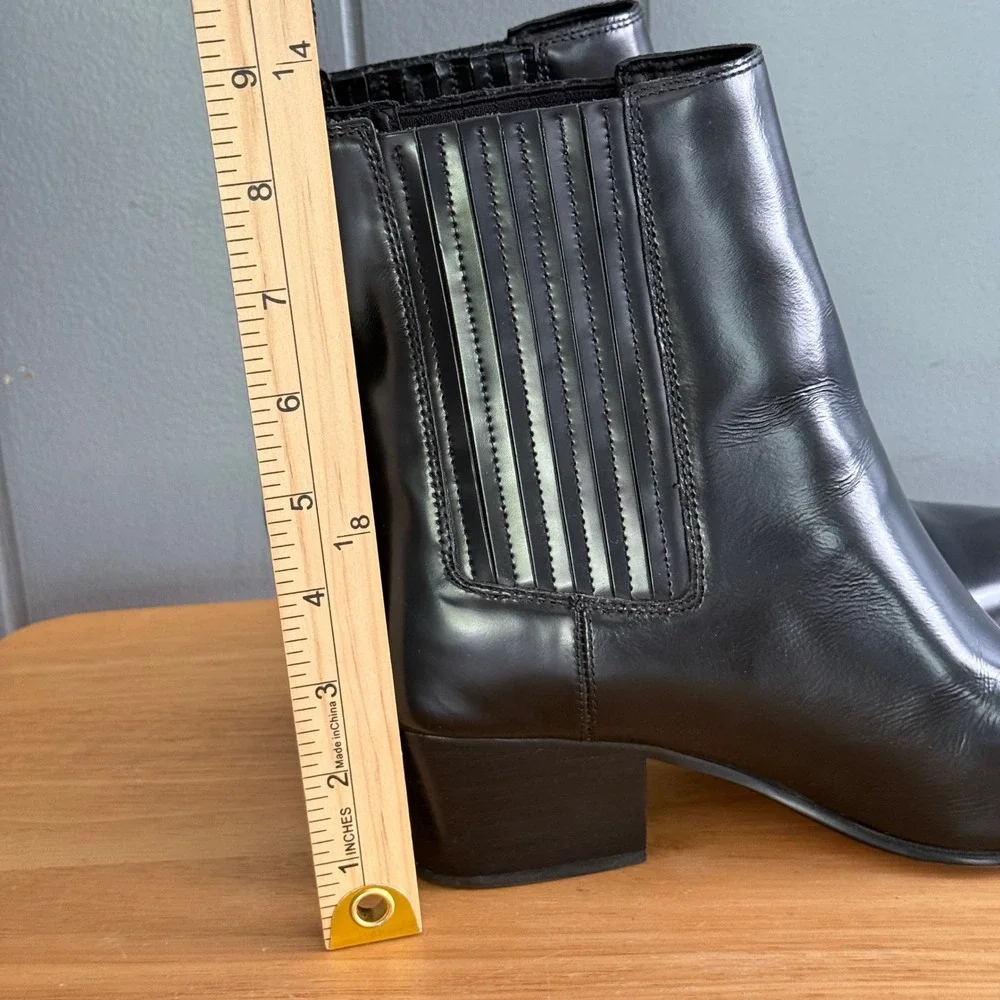J Crew Piper Ankle Boot 9.5 Shiny Black Leather Western Chelsea Almond Toe BT886
